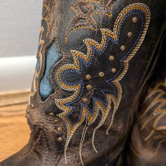 Loredo Western Brown Leather Cowboy Boots with Embroidered Design Square Toe - Picture 1 of 12